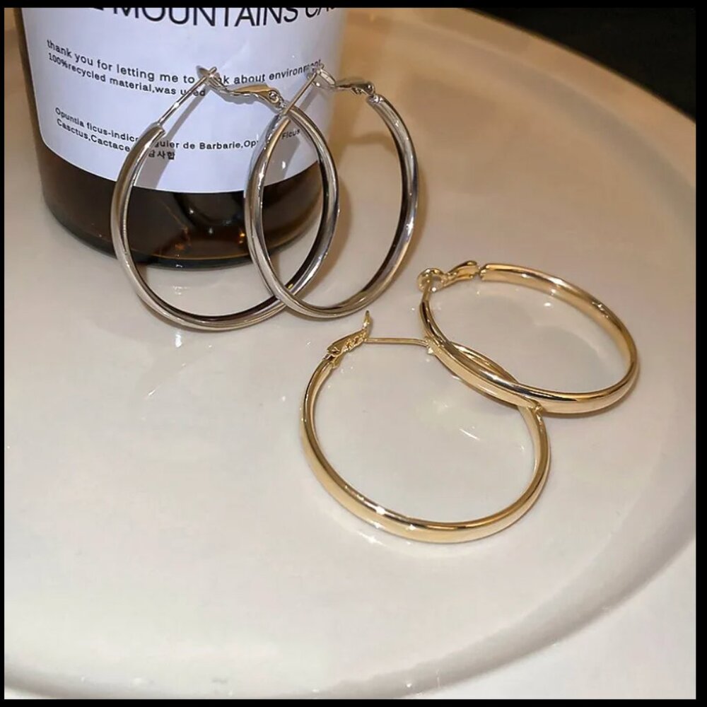 Hoop Earrings 18K White Gold Filled Classic 50MM/1.97" Large 5mm wide Flat
